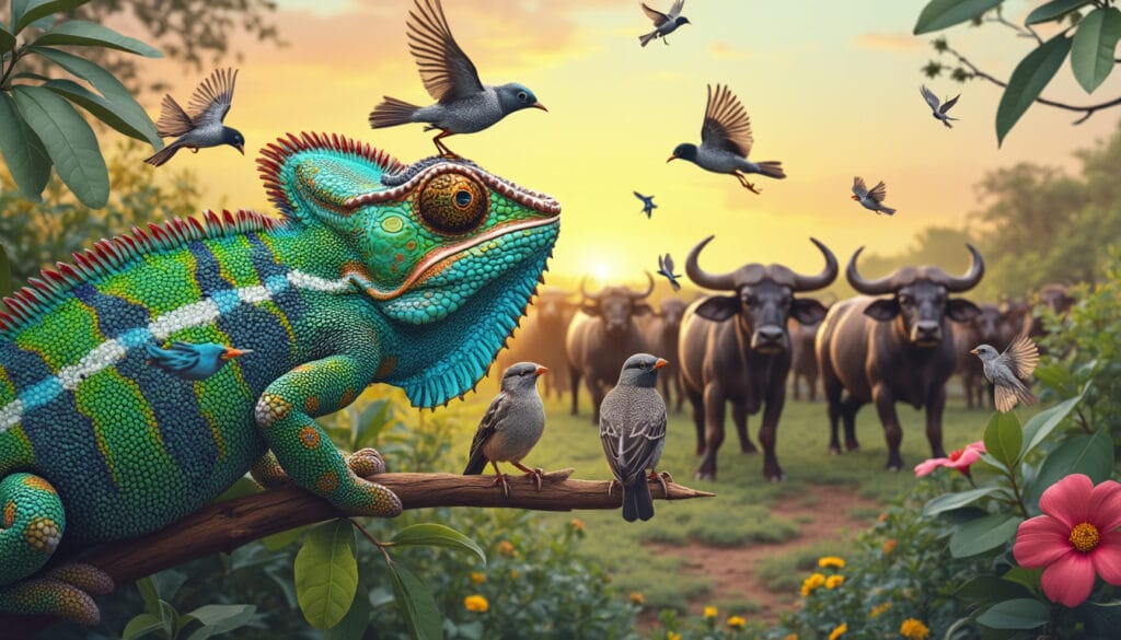 découvrez une aventure immersive d'une semaine au cœur de la nature, où la rencontre avec un caméléon rare, des étourneaux amicaux et des buffles en chaleur vous plongera dans la diversité fascinante de la faune. parfait pour les amoureux de la nature et les passionnés d'animaux.